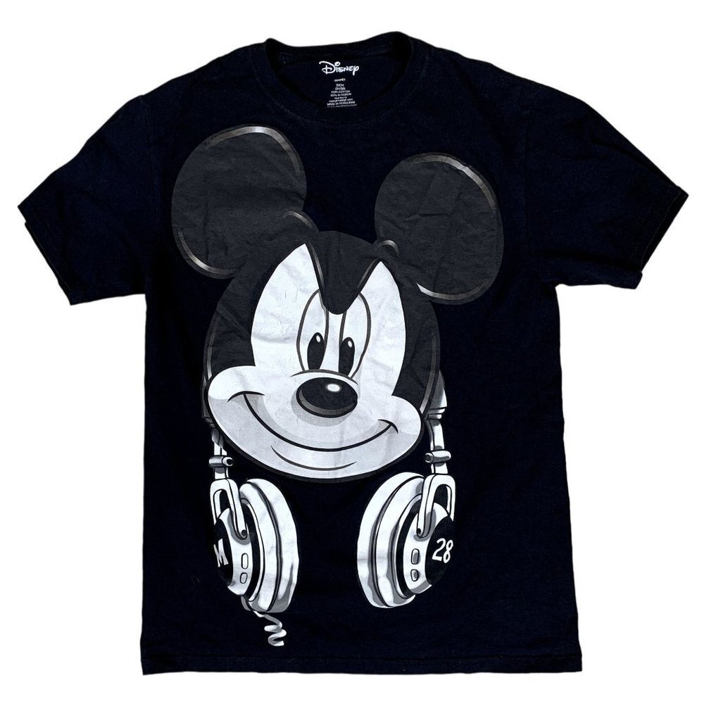 Disney Mickey Mouse with Headphones 100% Cotton Black T-Shirt Size Small
